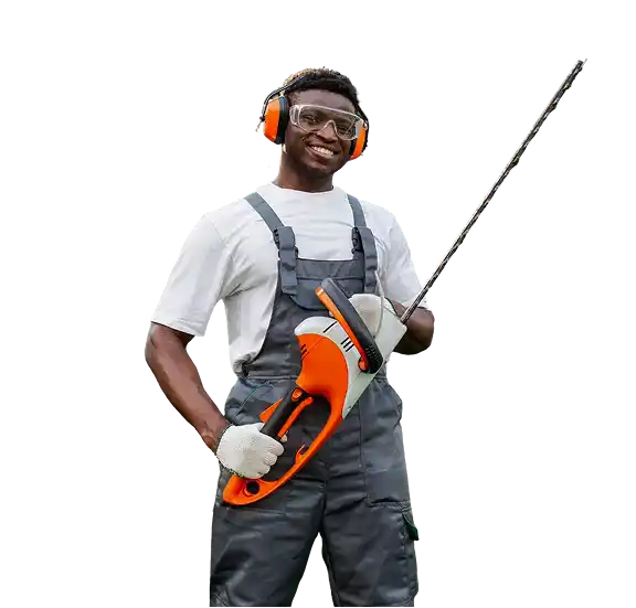 garden worker uniform cuts bushes african american man goggles holds electric brush 1