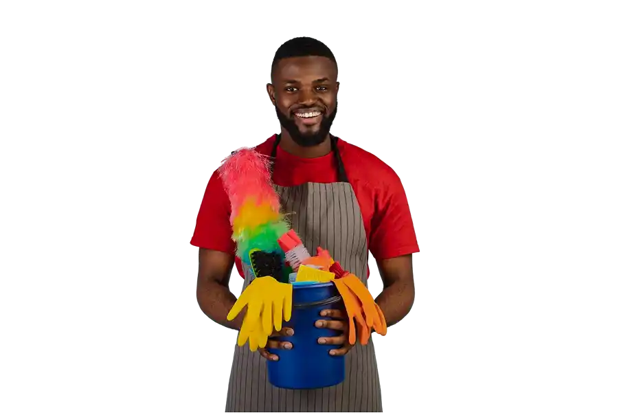 spring cleaning portrait smiling black cleaner guy holding basket detergents 1